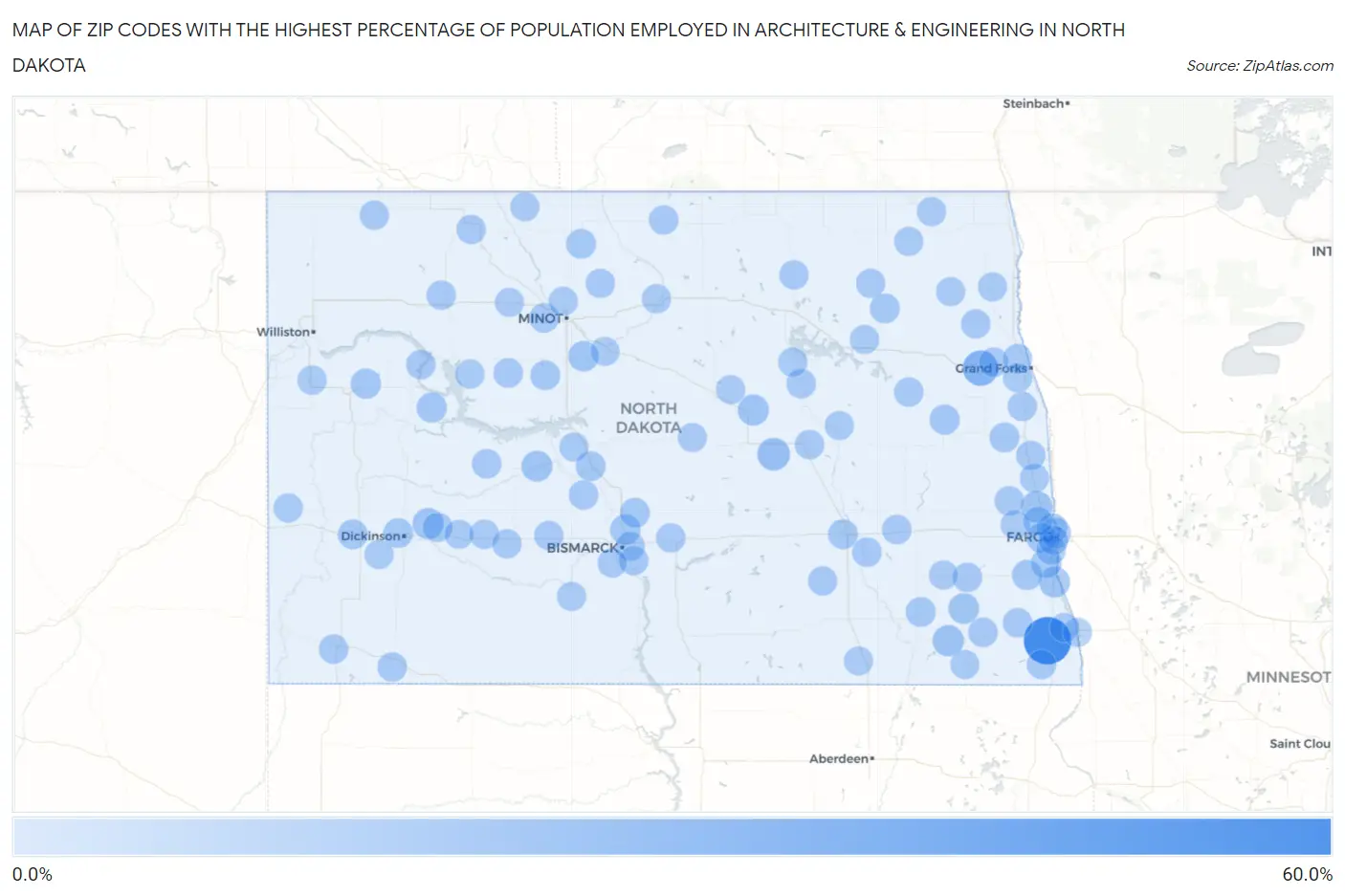 Zip Codes with the Highest Percentage of Population Employed in Architecture & Engineering in North Dakota Map