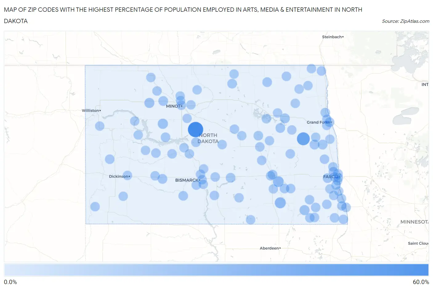 Zip Codes with the Highest Percentage of Population Employed in Arts, Media & Entertainment in North Dakota Map