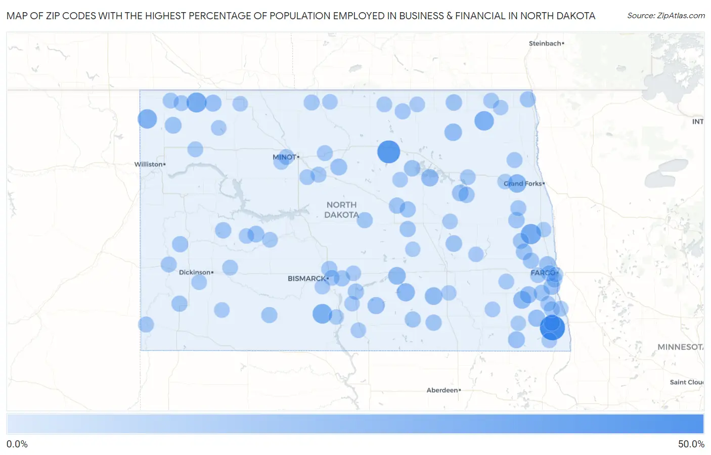 Zip Codes with the Highest Percentage of Population Employed in Business & Financial in North Dakota Map