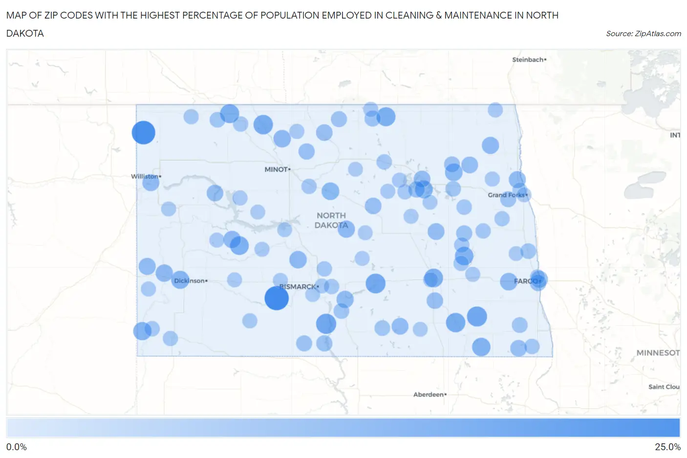 Zip Codes with the Highest Percentage of Population Employed in Cleaning & Maintenance in North Dakota Map