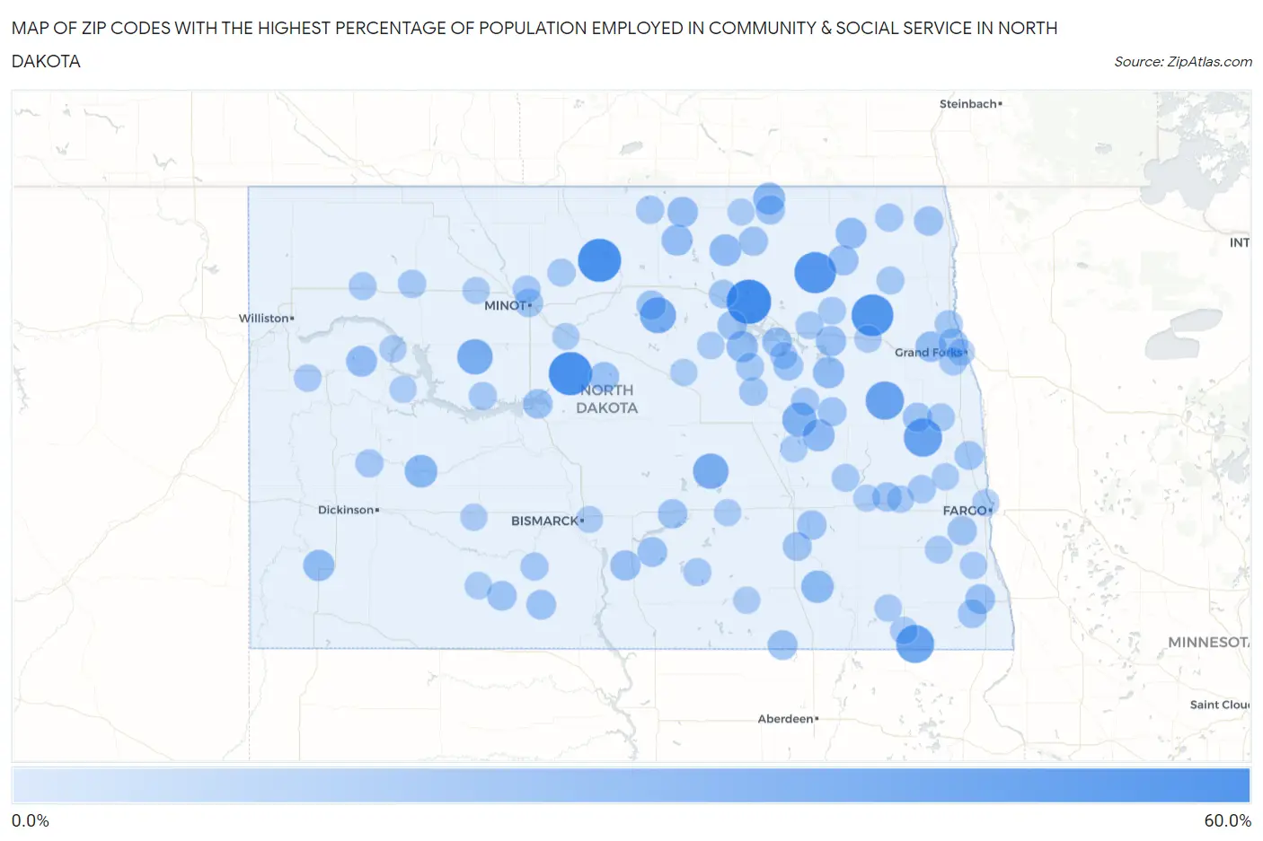 Zip Codes with the Highest Percentage of Population Employed in Community & Social Service  in North Dakota Map