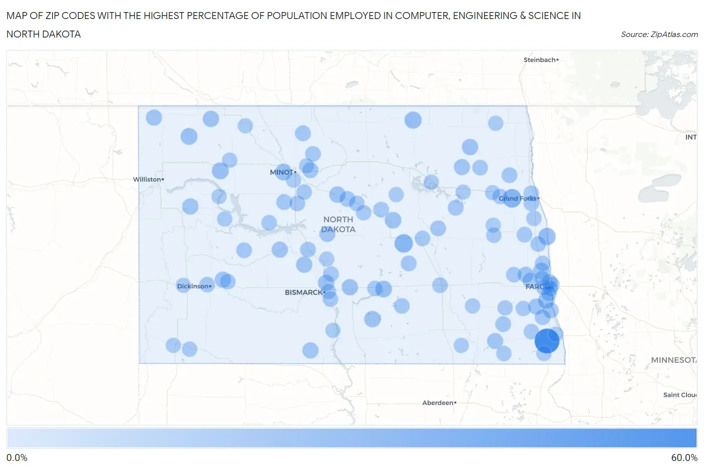 Zip Codes with the Highest Percentage of Population Employed in Computer, Engineering & Science in North Dakota Map