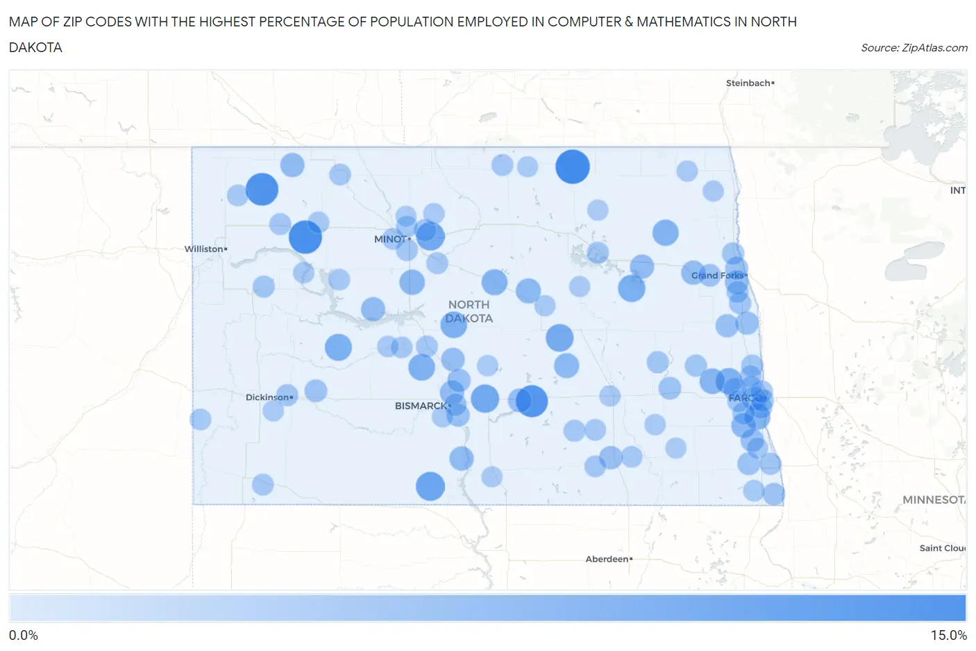 Zip Codes with the Highest Percentage of Population Employed in Computer & Mathematics in North Dakota Map