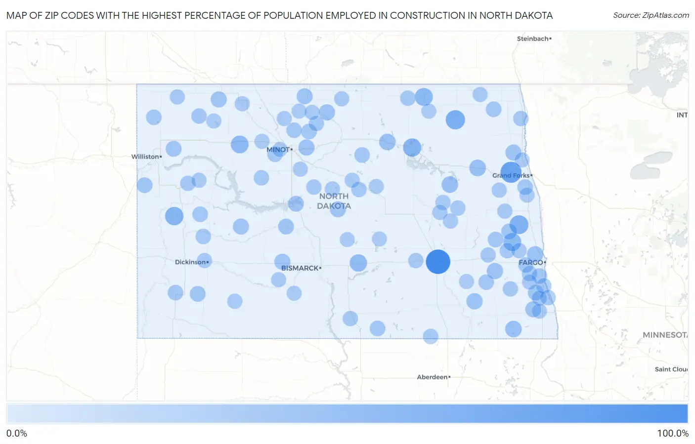 Zip Codes with the Highest Percentage of Population Employed in Construction in North Dakota Map