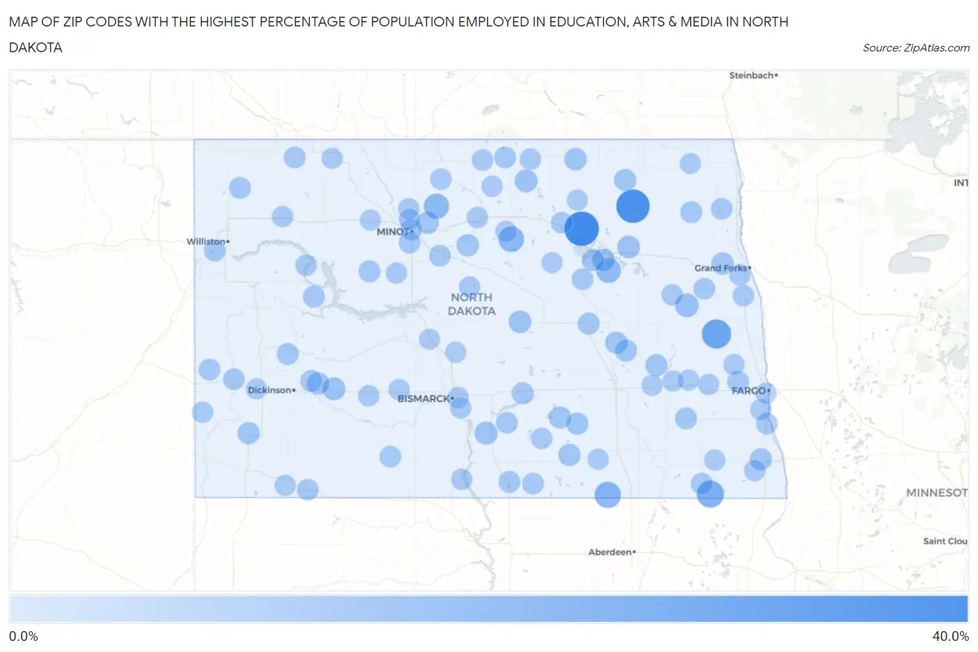 Zip Codes with the Highest Percentage of Population Employed in Education, Arts & Media in North Dakota Map