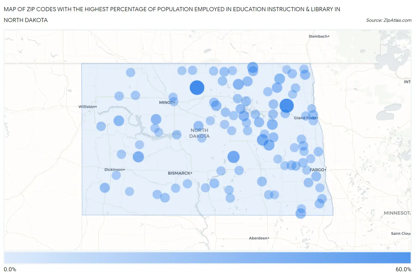 Zip Codes with the Highest Percentage of Population Employed in Education Instruction & Library in North Dakota Map