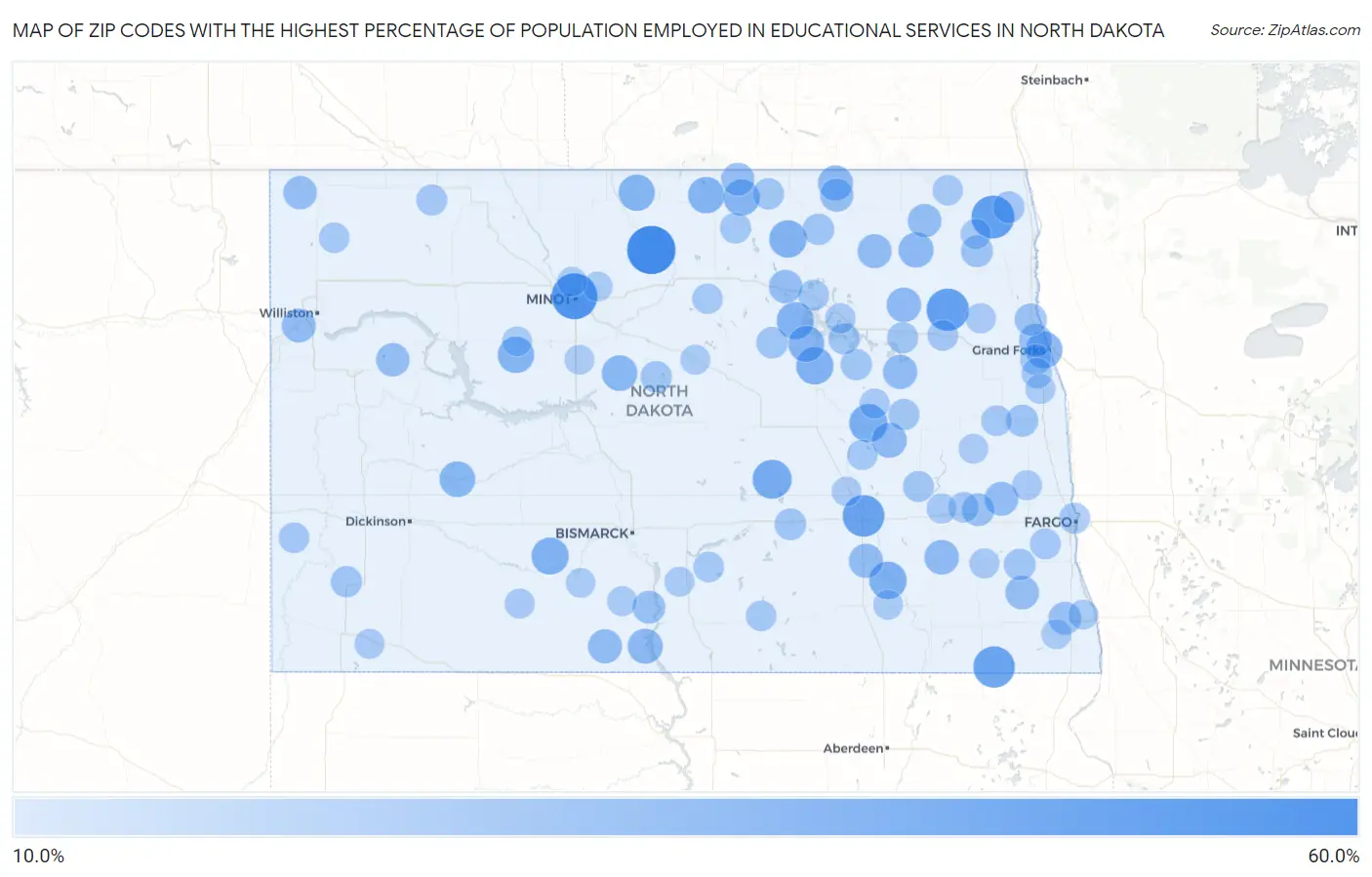 Zip Codes with the Highest Percentage of Population Employed in Educational Services in North Dakota Map