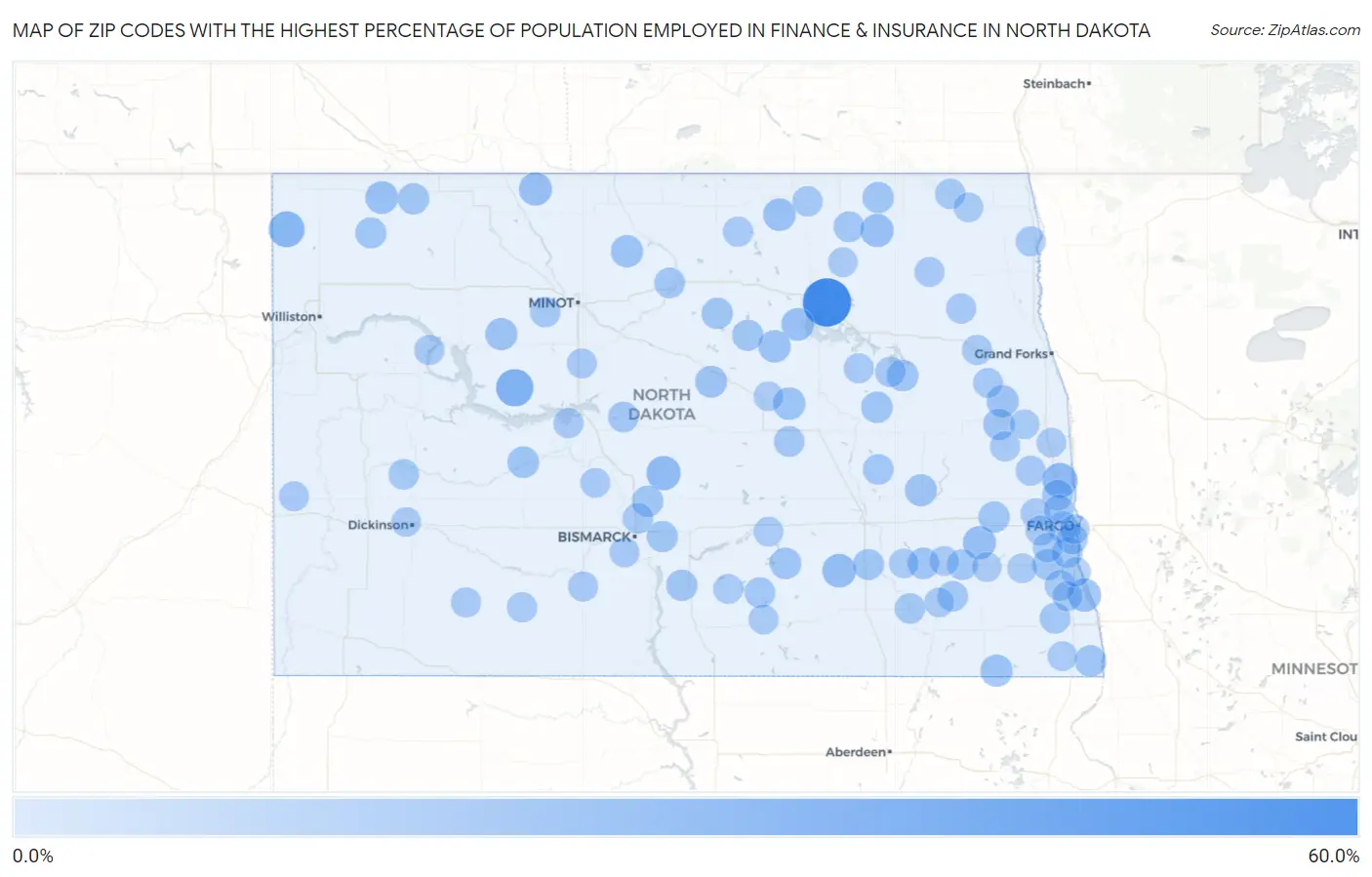 Zip Codes with the Highest Percentage of Population Employed in Finance & Insurance in North Dakota Map