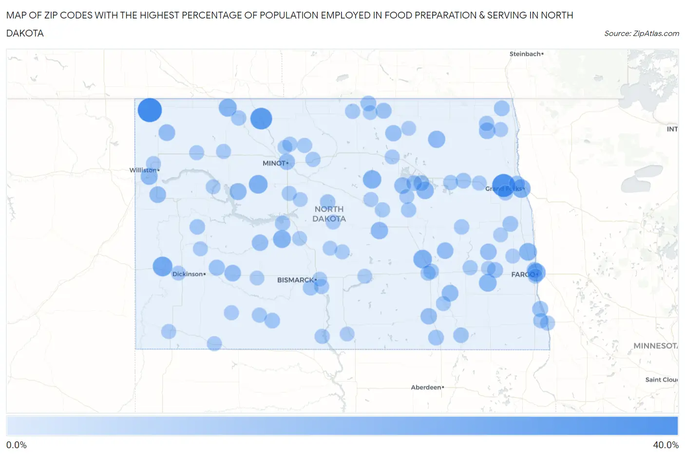 Zip Codes with the Highest Percentage of Population Employed in Food Preparation & Serving in North Dakota Map