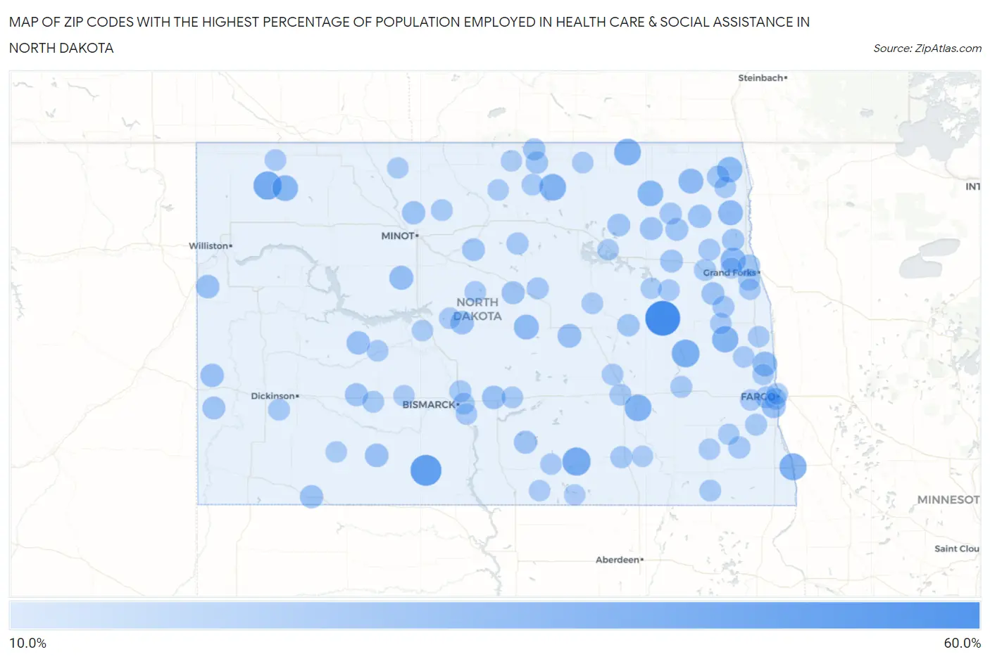 Zip Codes with the Highest Percentage of Population Employed in Health Care & Social Assistance in North Dakota Map