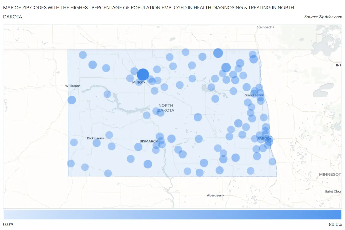 Zip Codes with the Highest Percentage of Population Employed in Health Diagnosing & Treating in North Dakota Map