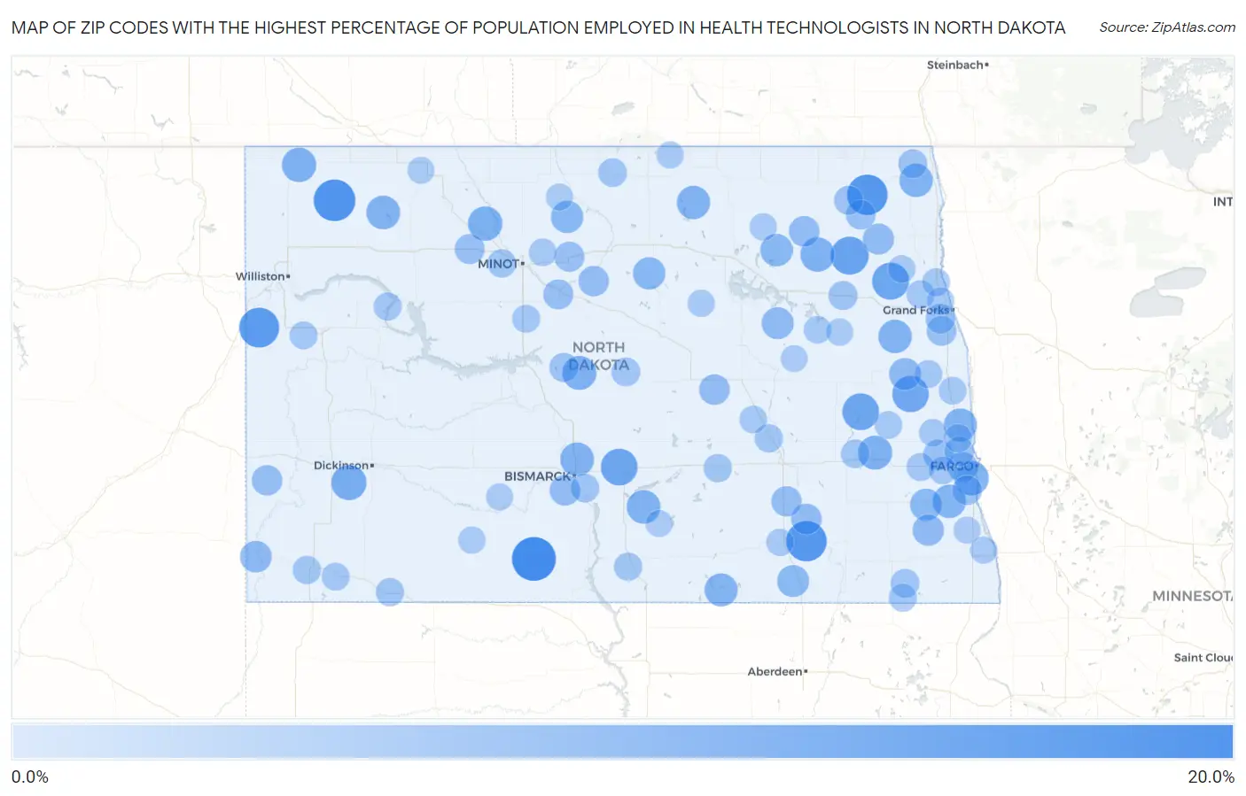 Zip Codes with the Highest Percentage of Population Employed in Health Technologists in North Dakota Map