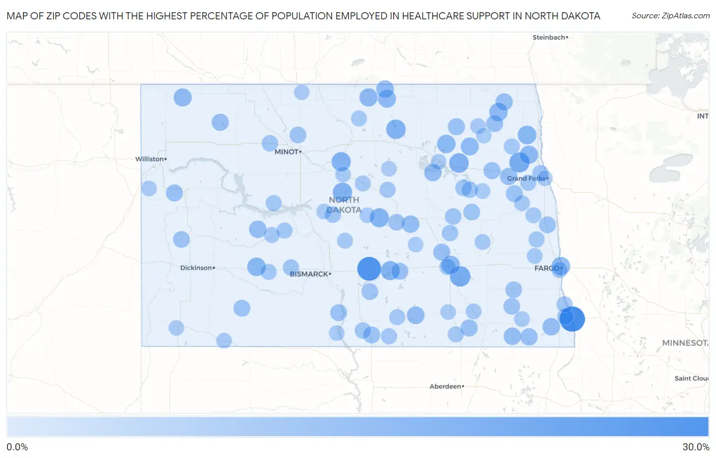 Zip Codes with the Highest Percentage of Population Employed in Healthcare Support in North Dakota Map