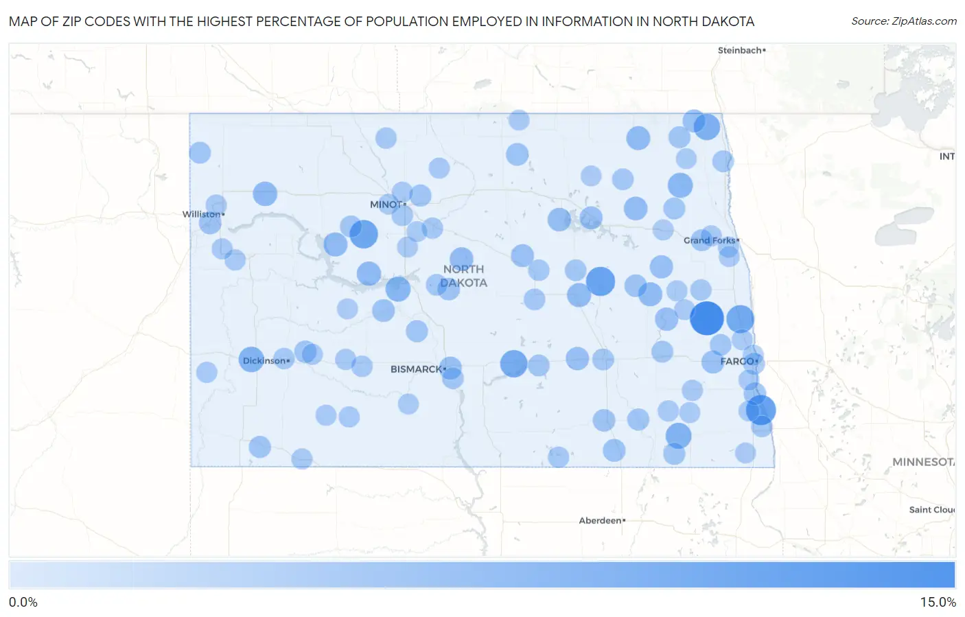 Zip Codes with the Highest Percentage of Population Employed in Information in North Dakota Map