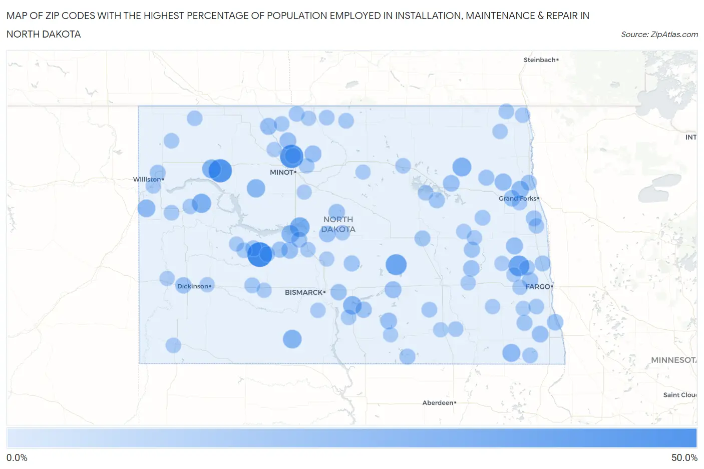 Zip Codes with the Highest Percentage of Population Employed in Installation, Maintenance & Repair in North Dakota Map
