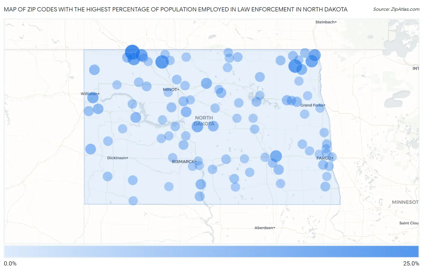 Zip Codes with the Highest Percentage of Population Employed in Law Enforcement in North Dakota Map