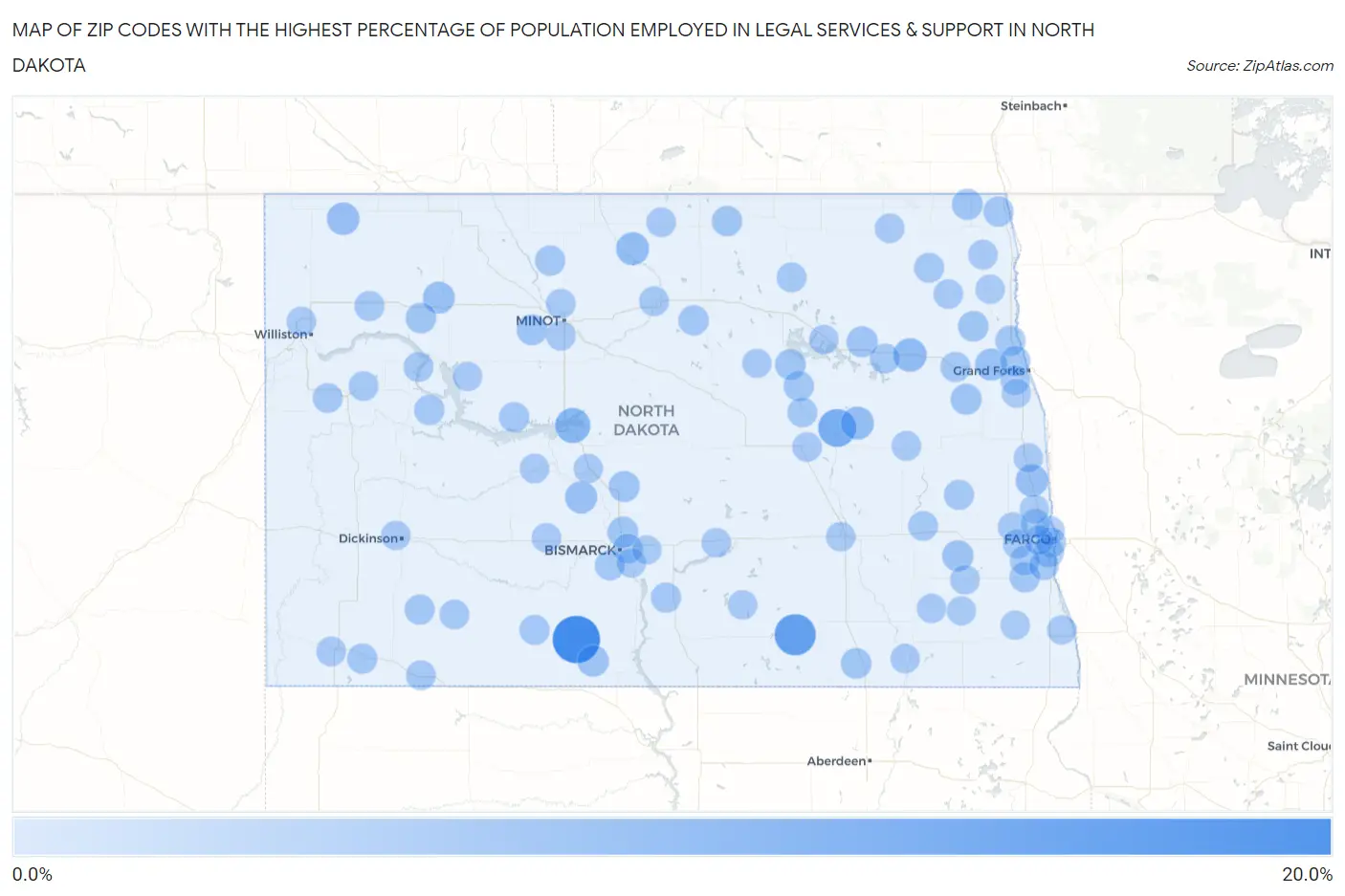 Zip Codes with the Highest Percentage of Population Employed in Legal Services & Support in North Dakota Map