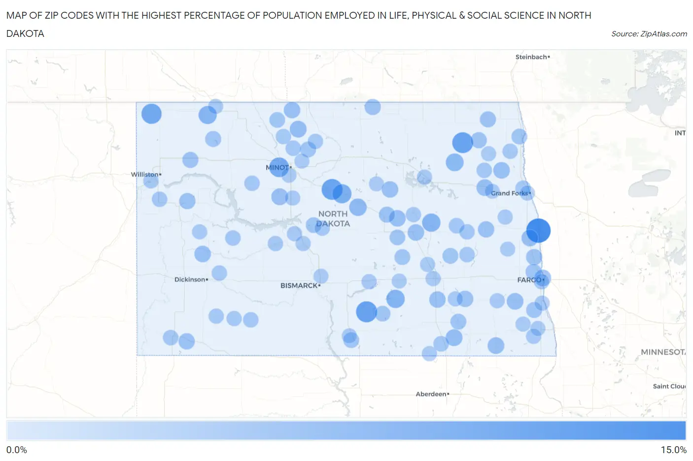 Zip Codes with the Highest Percentage of Population Employed in Life, Physical & Social Science in North Dakota Map