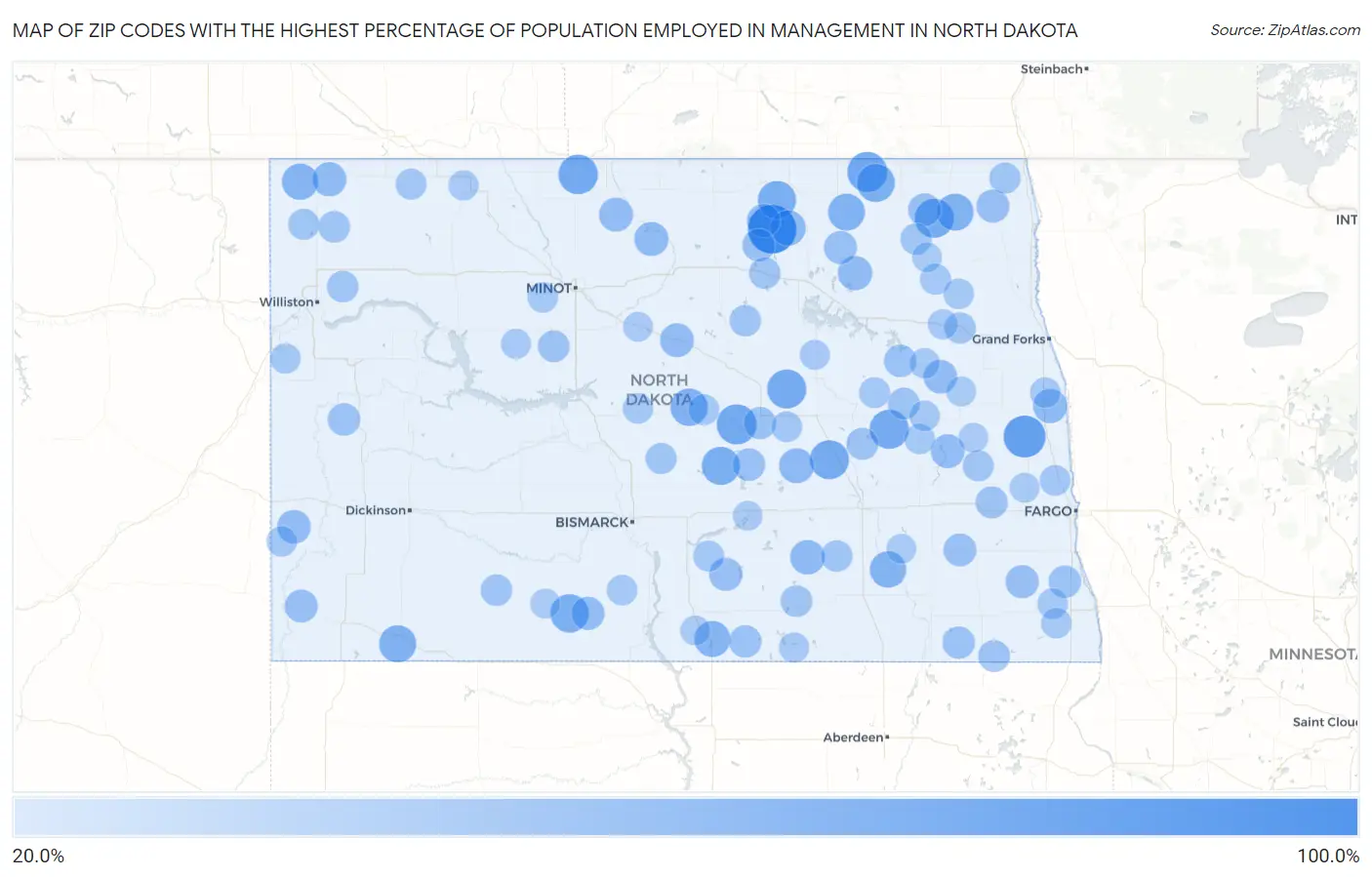 Zip Codes with the Highest Percentage of Population Employed in Management in North Dakota Map