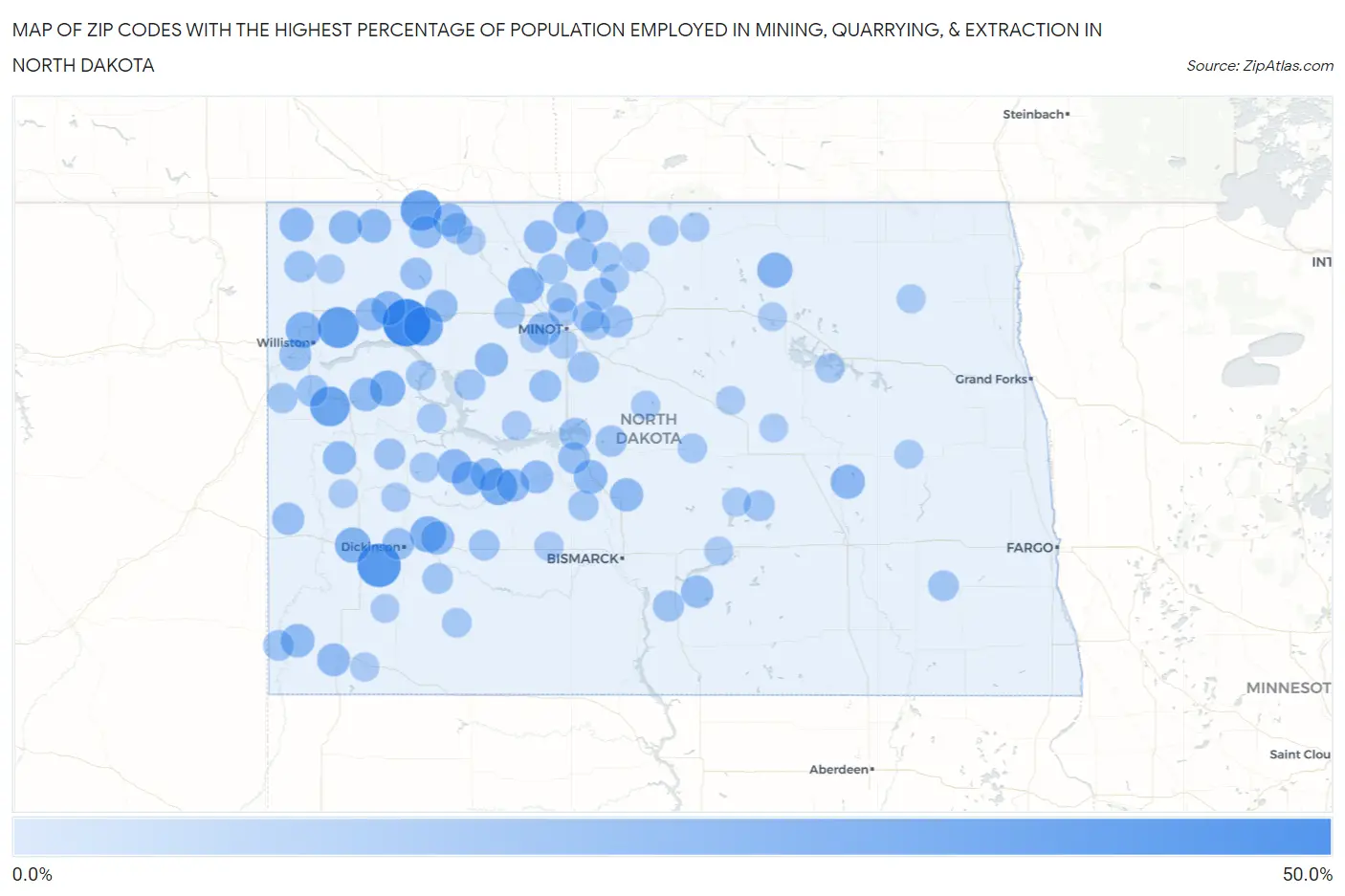 Zip Codes with the Highest Percentage of Population Employed in Mining, Quarrying, & Extraction in North Dakota Map