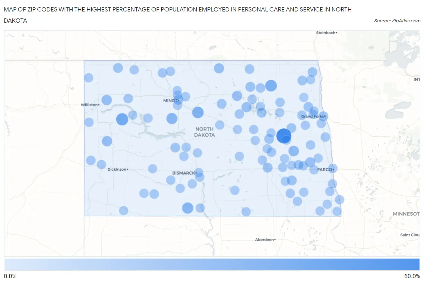 Zip Codes with the Highest Percentage of Population Employed in Personal Care and Service in North Dakota Map
