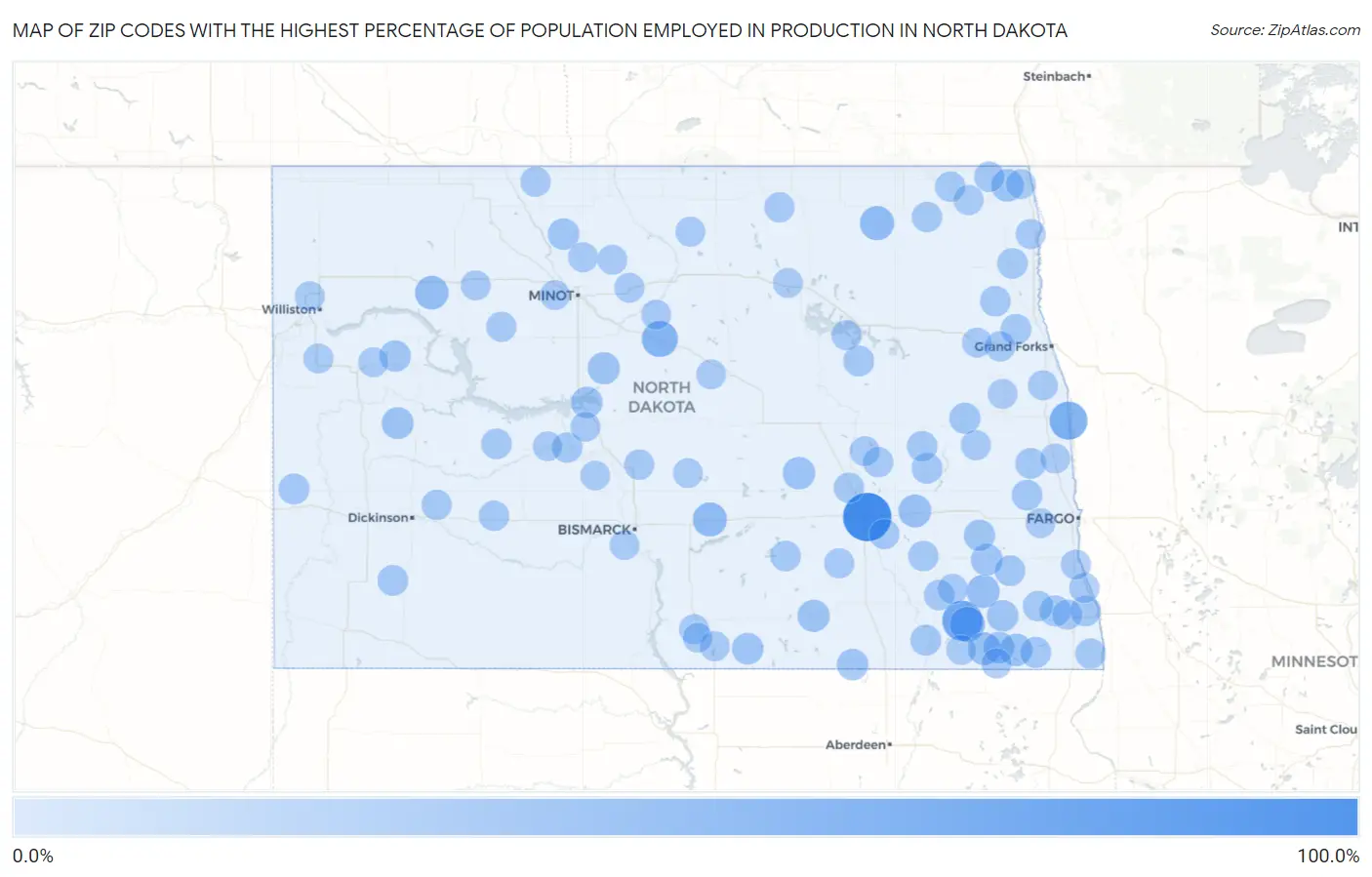 Zip Codes with the Highest Percentage of Population Employed in Production in North Dakota Map