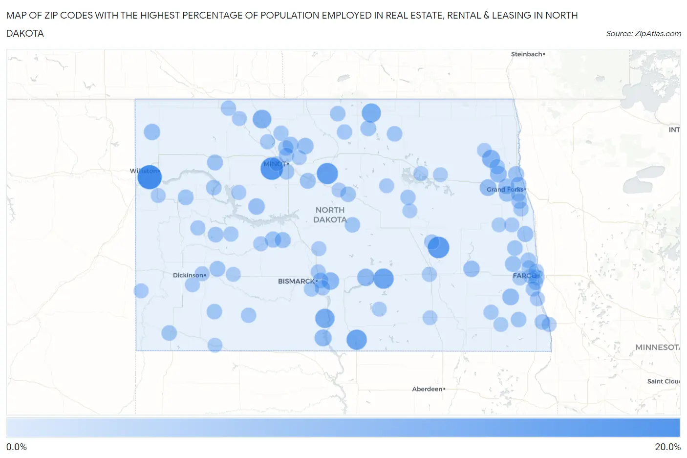 Zip Codes with the Highest Percentage of Population Employed in Real Estate, Rental & Leasing in North Dakota Map
