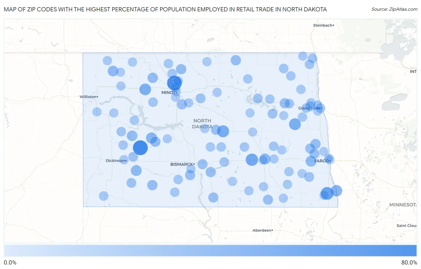 Zip Codes with the Highest Percentage of Population Employed in Retail Trade in North Dakota Map