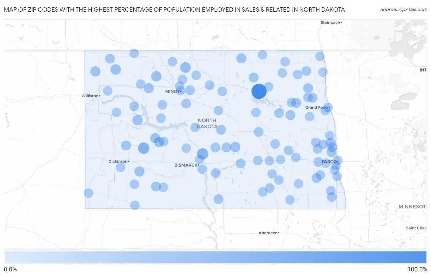Zip Codes with the Highest Percentage of Population Employed in Sales & Related in North Dakota Map