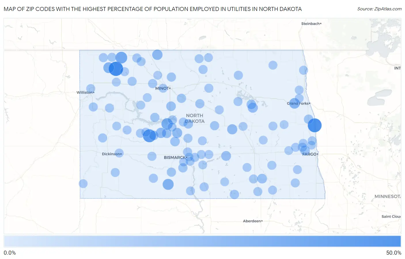 Zip Codes with the Highest Percentage of Population Employed in Utilities in North Dakota Map