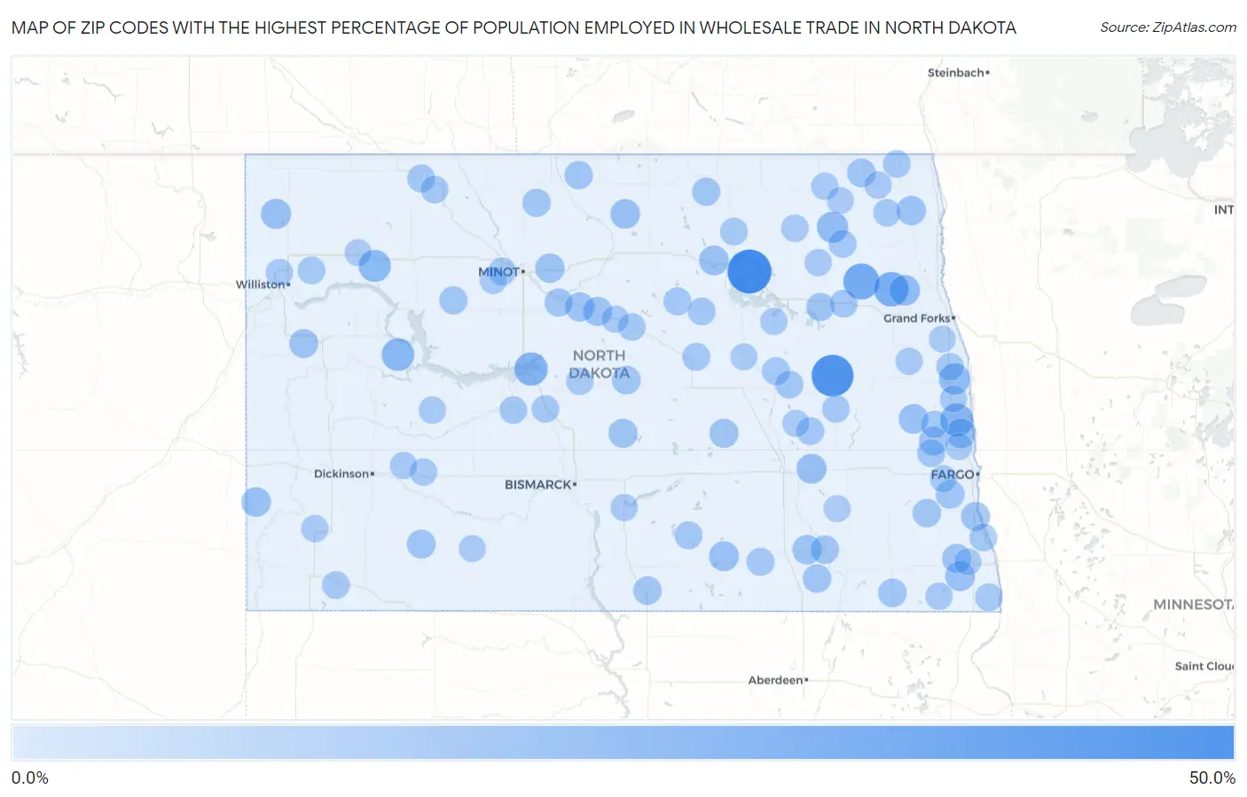Zip Codes with the Highest Percentage of Population Employed in Wholesale Trade in North Dakota Map