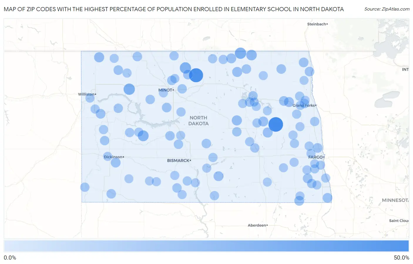 Zip Codes with the Highest Percentage of Population Enrolled in Elementary School in North Dakota Map