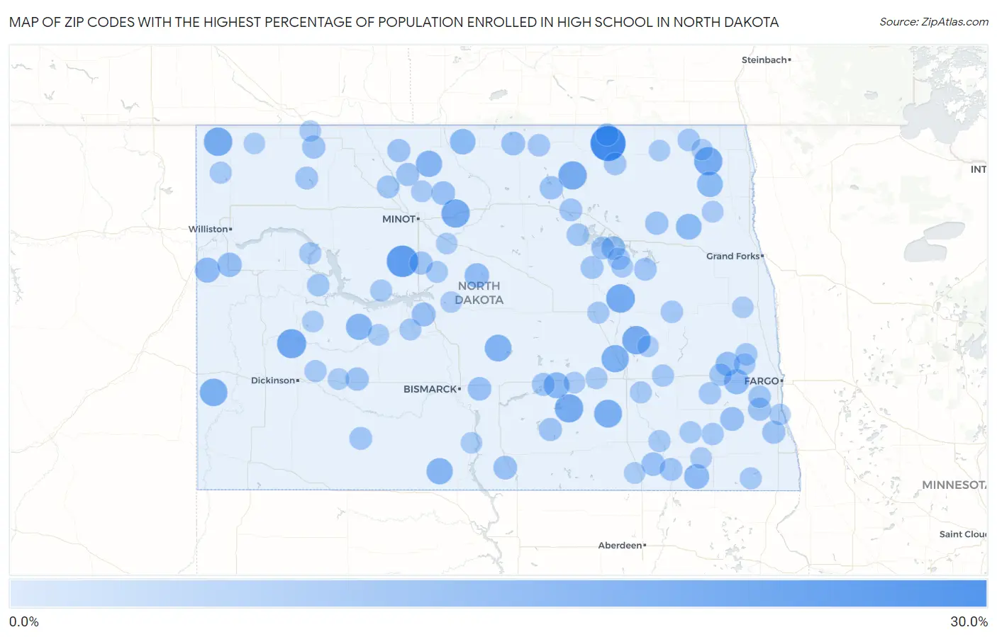 Zip Codes with the Highest Percentage of Population Enrolled in High School in North Dakota Map