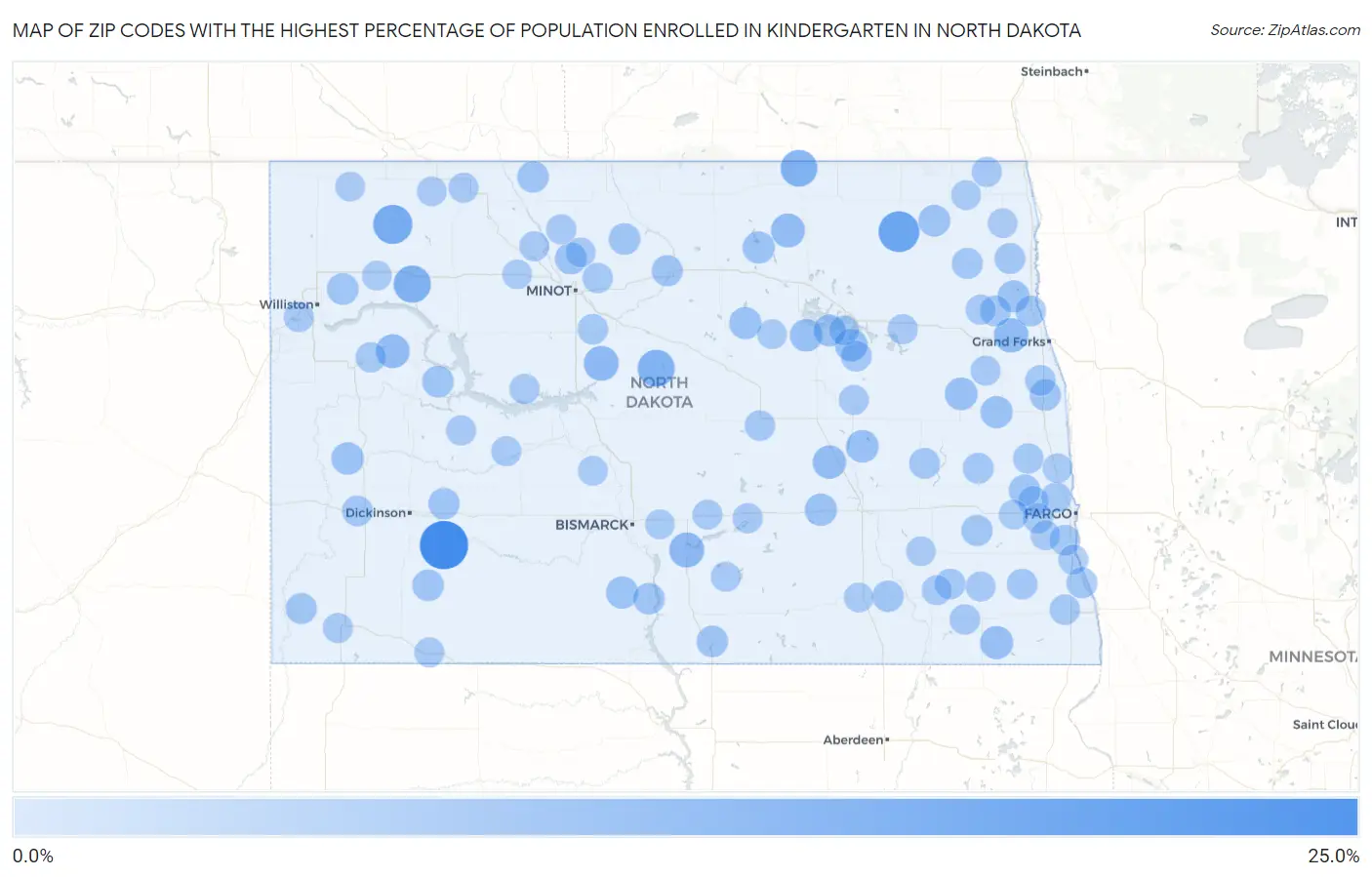 Zip Codes with the Highest Percentage of Population Enrolled in Kindergarten in North Dakota Map