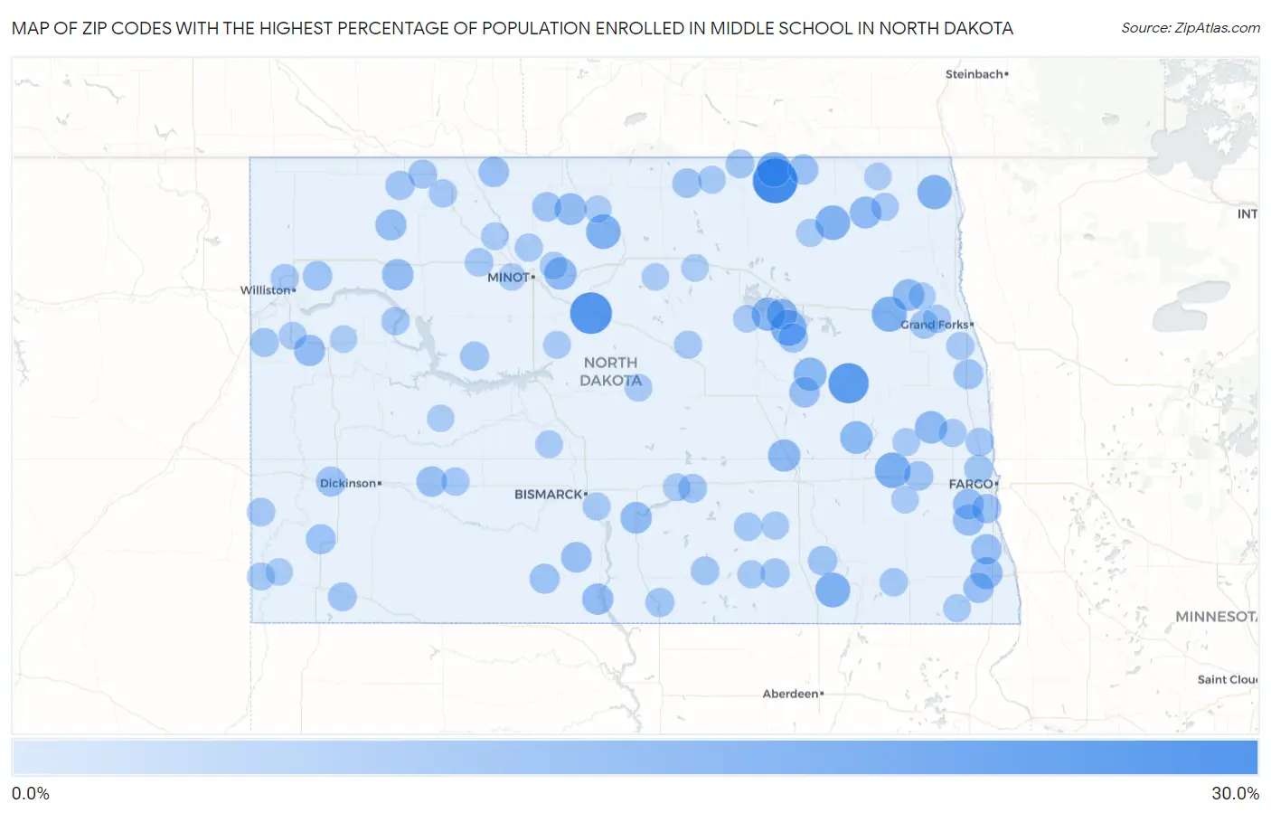 Zip Codes with the Highest Percentage of Population Enrolled in Middle School in North Dakota Map