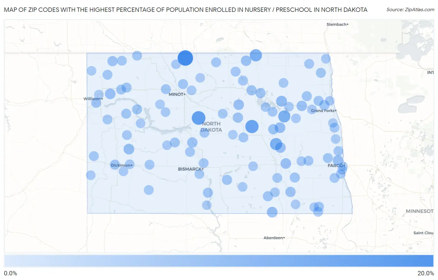 Zip Codes with the Highest Percentage of Population Enrolled in Nursery / Preschool in North Dakota Map