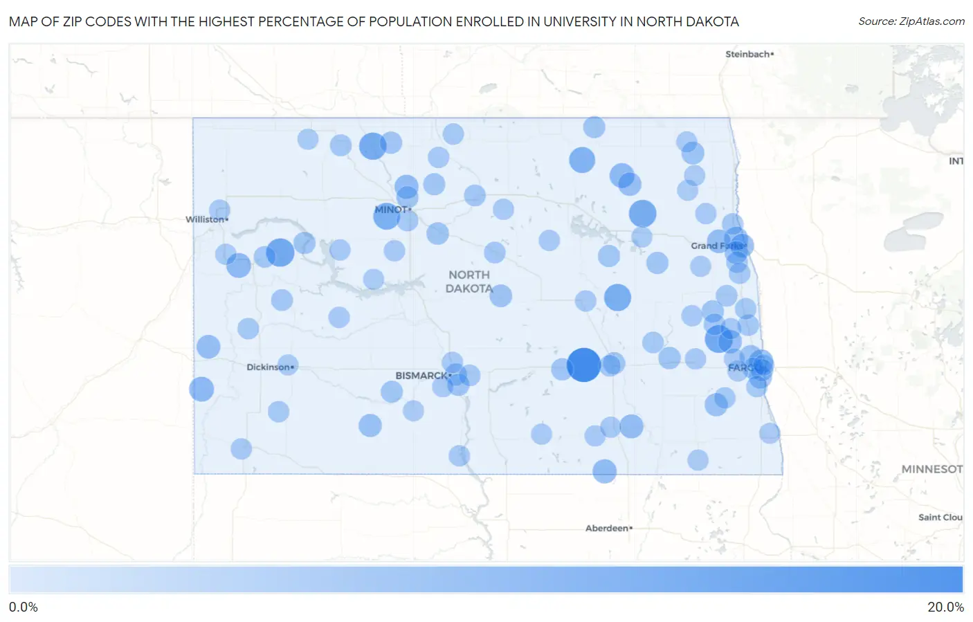 Zip Codes with the Highest Percentage of Population Enrolled in University in North Dakota Map