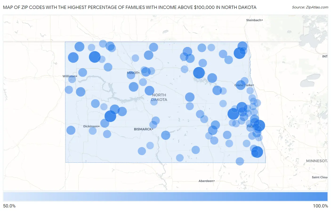 Zip Codes with the Highest Percentage of Families with Income Above $100,000 in North Dakota Map