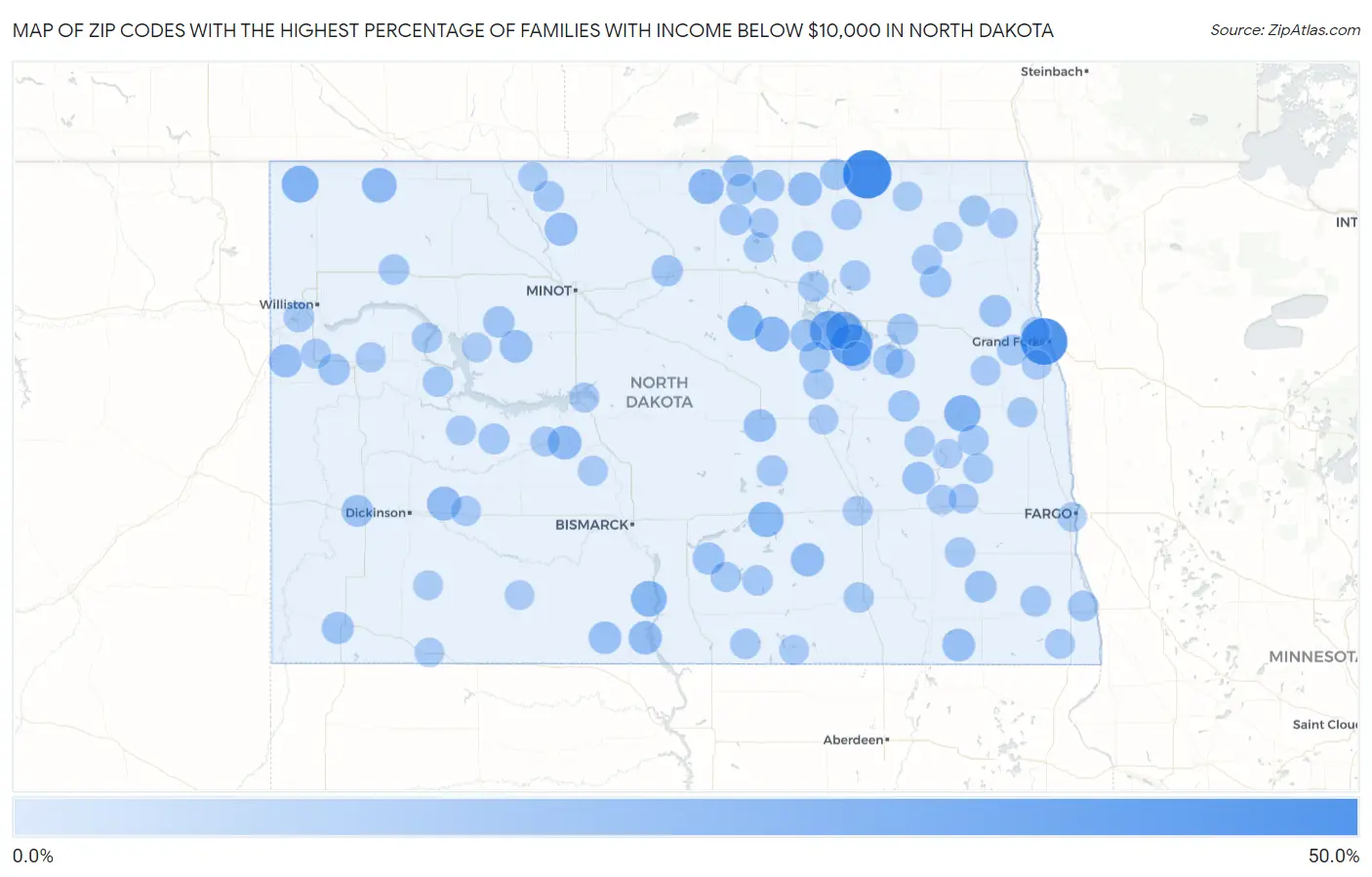 Zip Codes with the Highest Percentage of Families with Income Below $10,000 in North Dakota Map