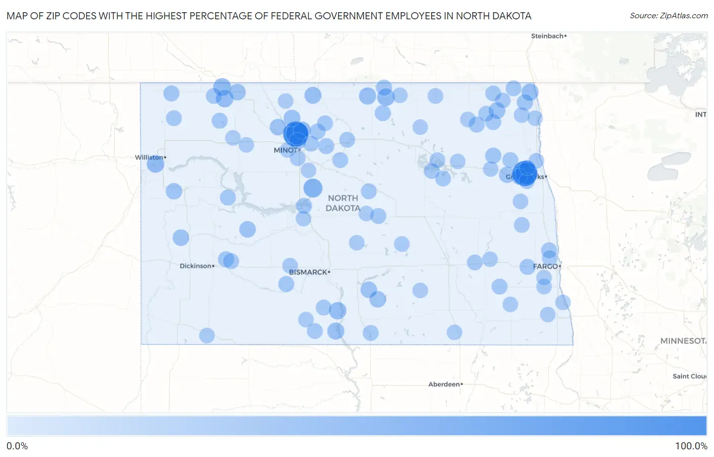 Zip Codes with the Highest Percentage of Federal Government Employees in North Dakota Map