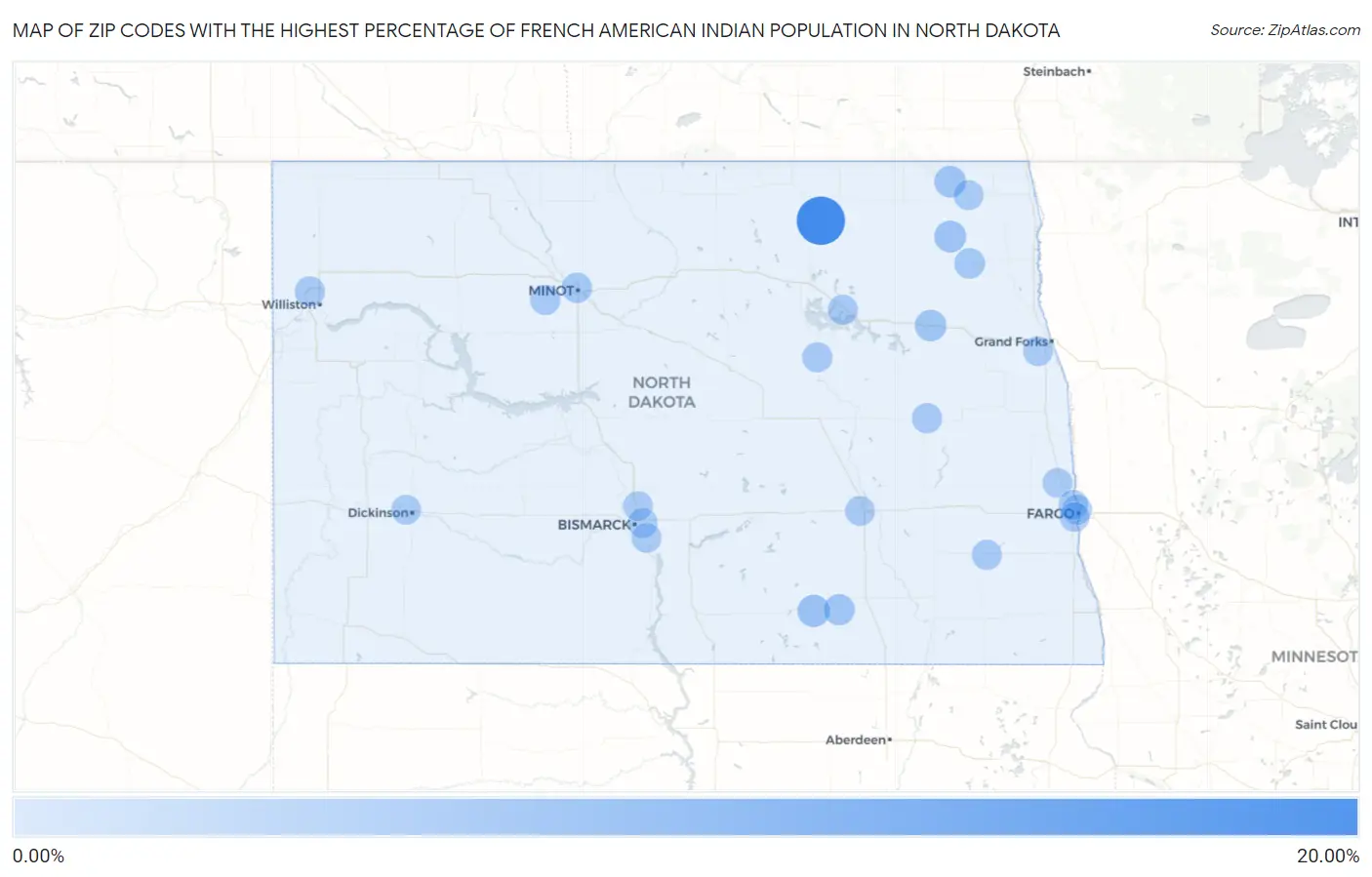 Zip Codes with the Highest Percentage of French American Indian Population in North Dakota Map