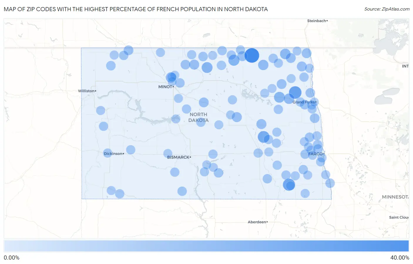 Zip Codes with the Highest Percentage of French Population in North Dakota Map