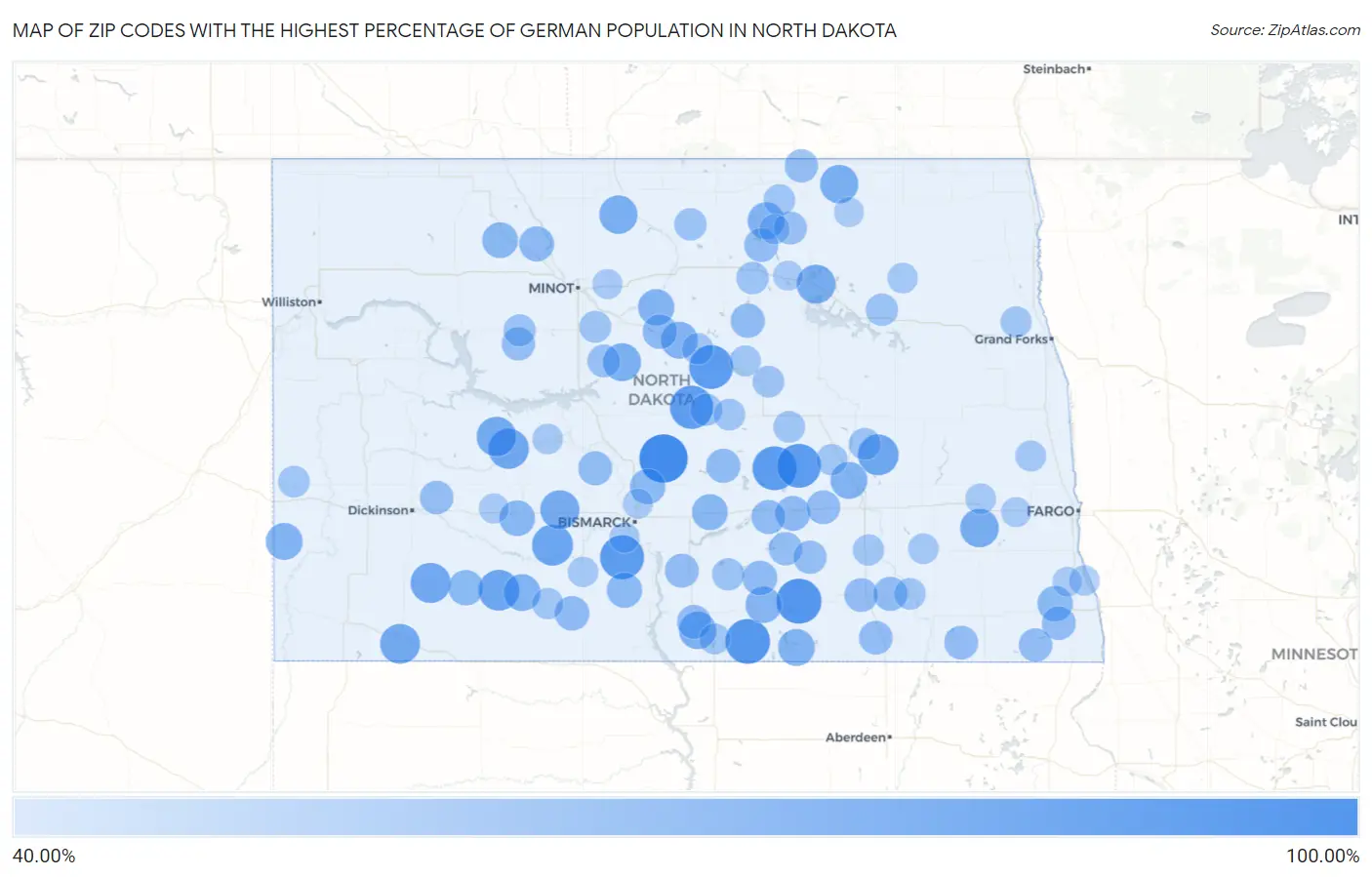 Zip Codes with the Highest Percentage of German Population in North Dakota Map