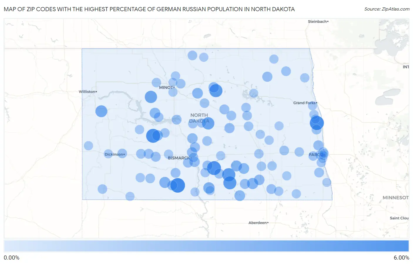 Zip Codes with the Highest Percentage of German Russian Population in North Dakota Map