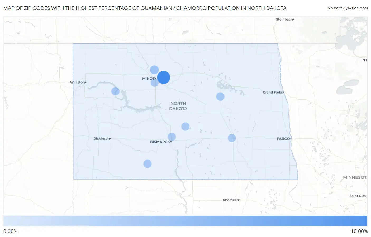 Zip Codes with the Highest Percentage of Guamanian / Chamorro Population in North Dakota Map