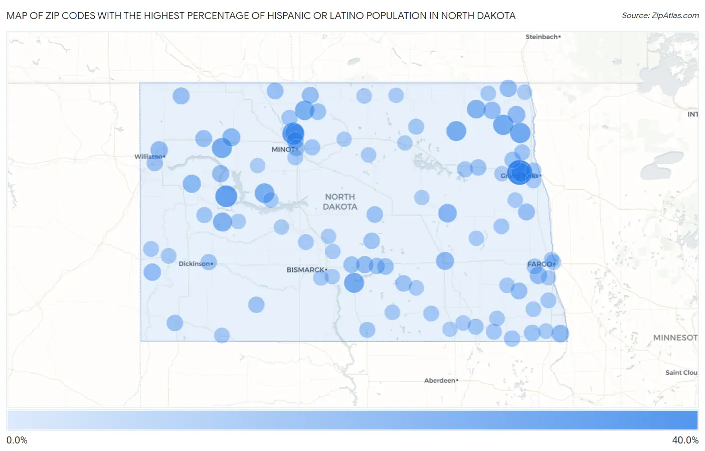 Zip Codes with the Highest Percentage of Hispanic or Latino Population in North Dakota Map