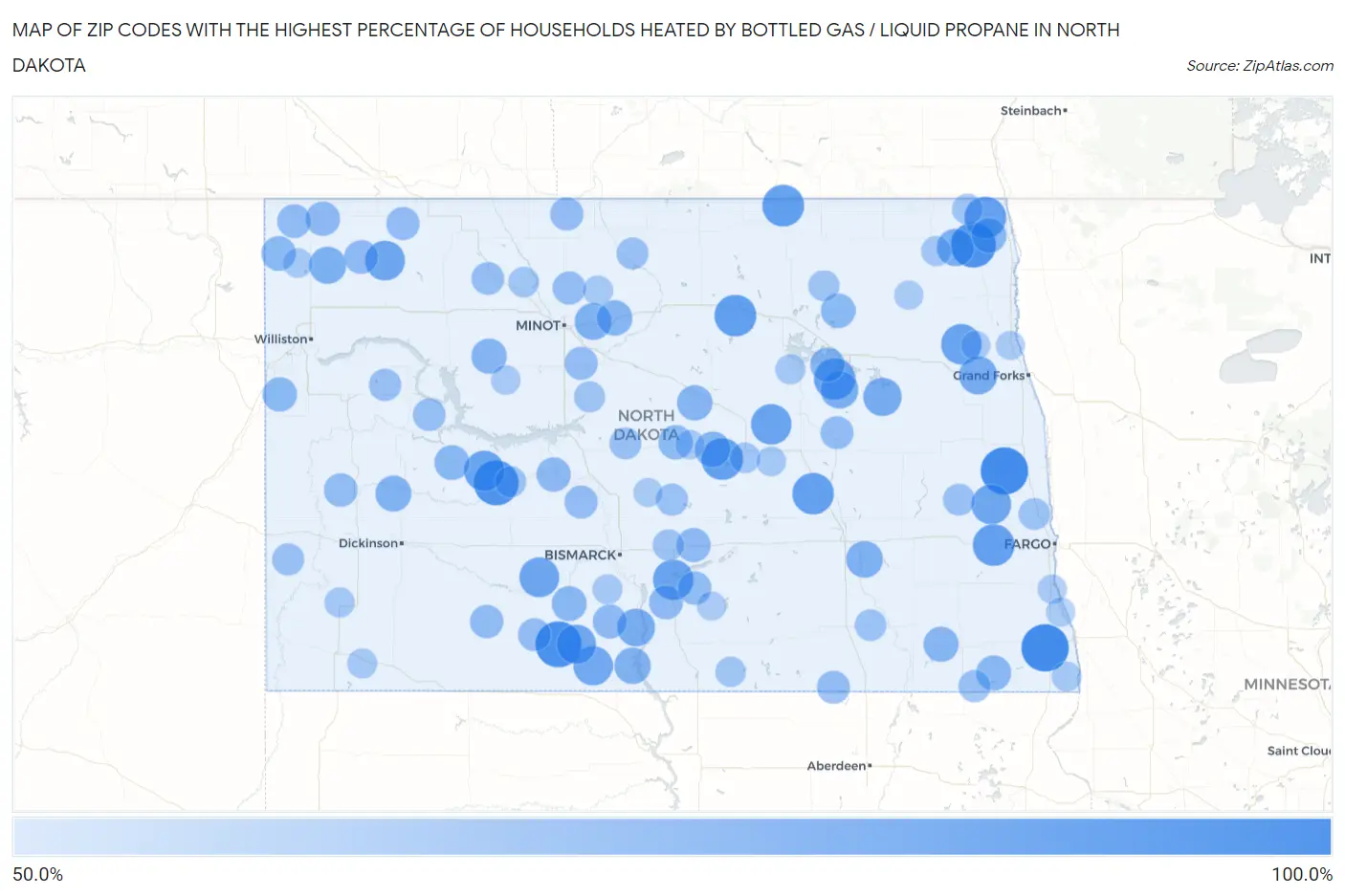 Zip Codes with the Highest Percentage of Households Heated by Bottled Gas / Liquid Propane in North Dakota Map