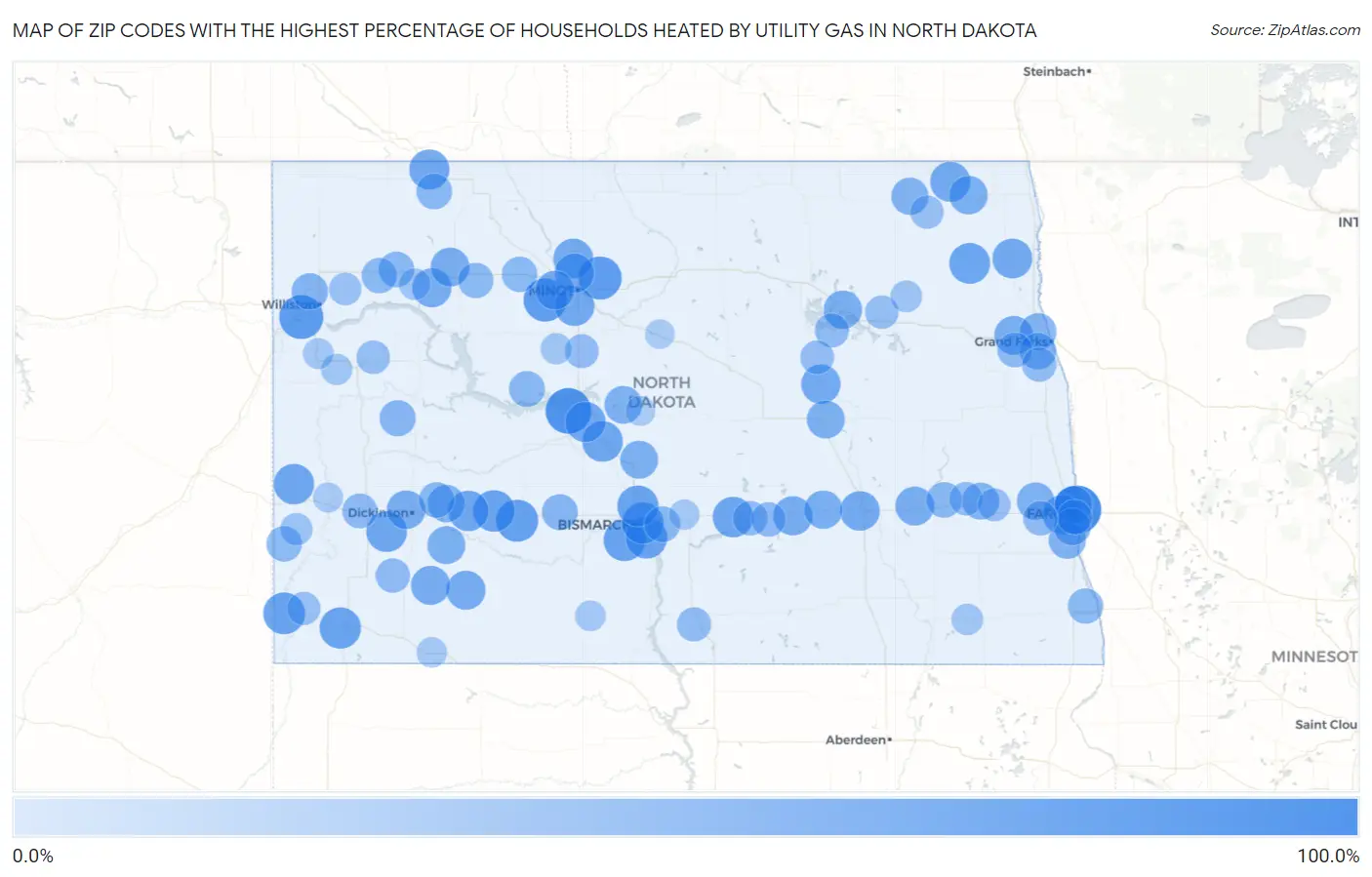 Zip Codes with the Highest Percentage of Households Heated by Utility Gas in North Dakota Map