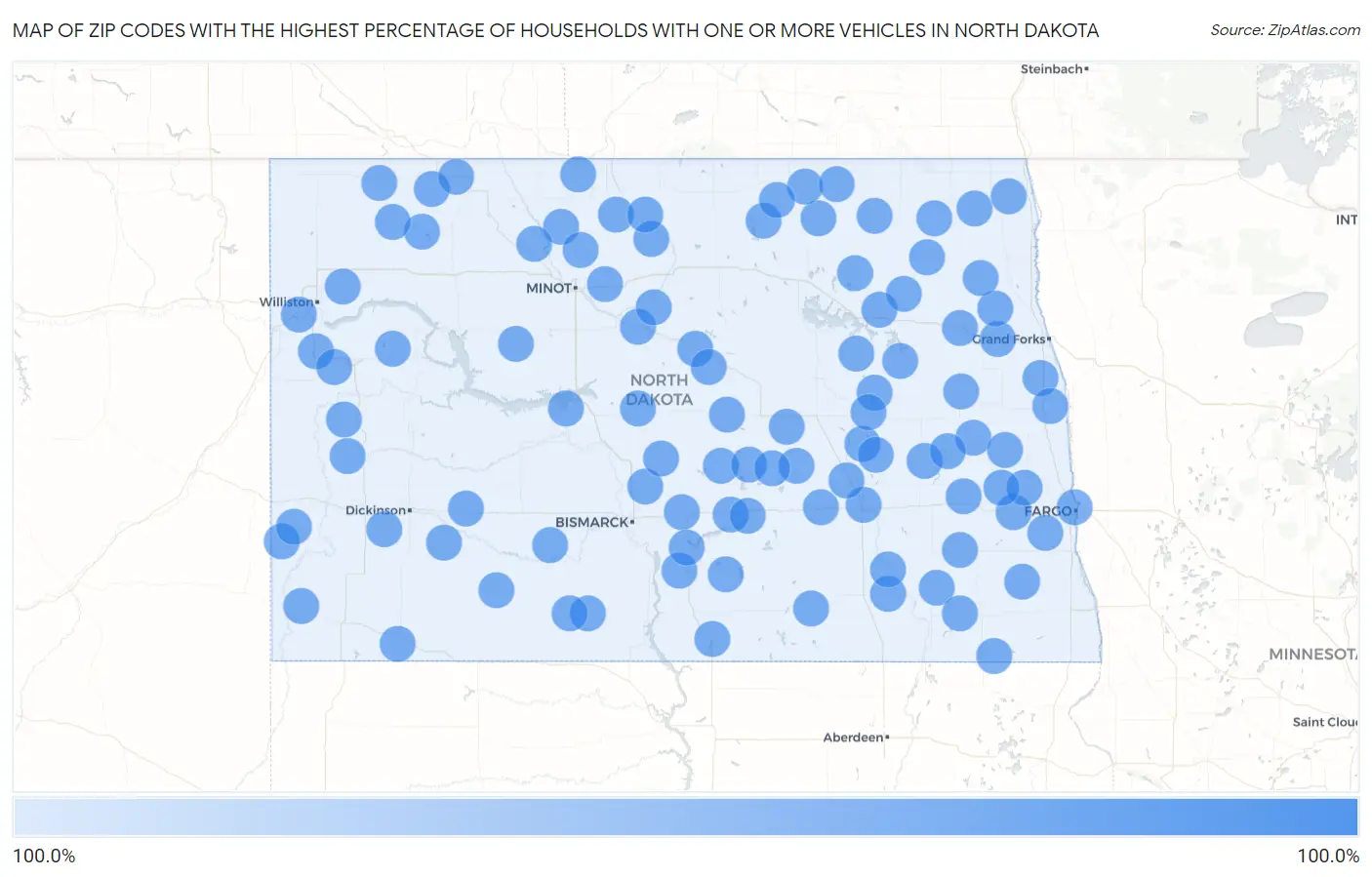 Zip Codes with the Highest Percentage of Households With One or more Vehicles in North Dakota Map