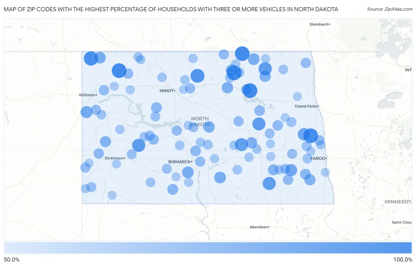 Zip Codes with the Highest Percentage of Households With Three or more Vehicles in North Dakota Map